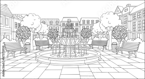 Fountain with surrounding benches and trees in city plaza with transparent background