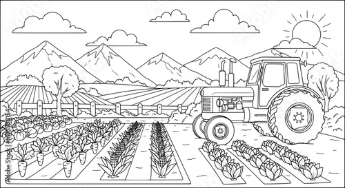 Farm landscape with tractor and mountains with transparent background