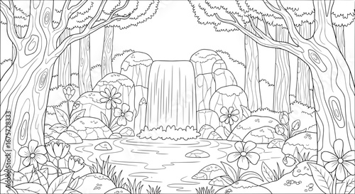 Forest with waterfall and flowers with transparent background