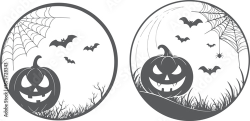 Collection of black round frames for Halloween with Illustration on transparent background, Jack pumpkin, spiderwebs, ghost and bats. eps vector file 