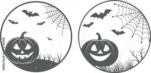 Collection of black round frames for Halloween with Illustration on transparent background, Jack pumpkin, spiderwebs, ghost and bats. eps vector file 