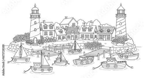 Harbor scene with houses boats and lighthouses with transparent background