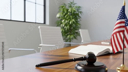 A gavel, an open book, and an American flag on a wooden conference table in a professional legal setting.