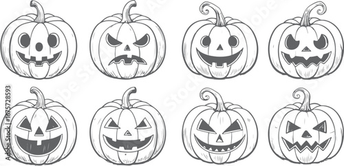 Set of three carved halloween pumpkins with jack-o'-lantern faces in full color, black silhouette, and line drawing style eps vector file.