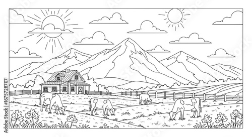 Mountain landscape with farm animals and cloudy sky with transparent background