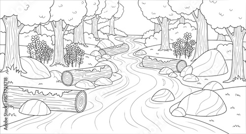 Scenic forest landscape with trees and flowing river with transparent background
