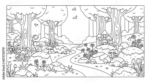 Forest scene with trees and mushrooms with transparent background