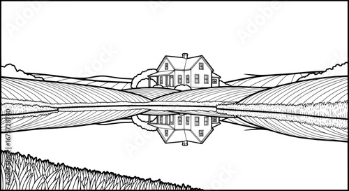 Scenic countryside landscape with house and farmland with transparent background
