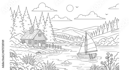 Scenic lakeside cabin with sailboat and mountains with transparent background