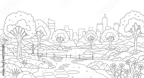 City park with trees and water bodies with transparent background