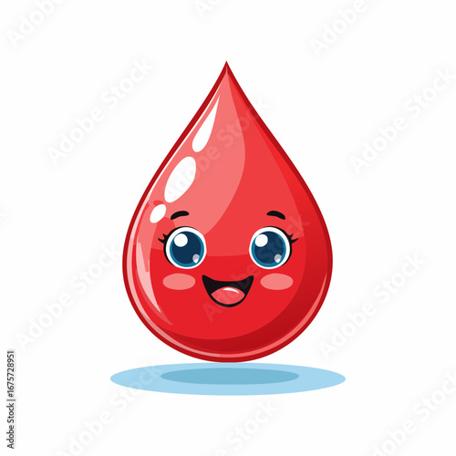 A cheerful and cute cartoon blood drop character with a smiling face, representing medical concepts like health, life, and blood donation