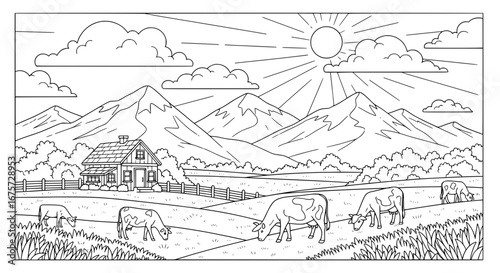 Mountain landscape with cows grazing on green field