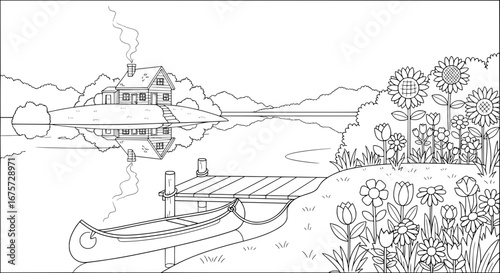 Lakeside cabin with flowers and dock with transparent background
