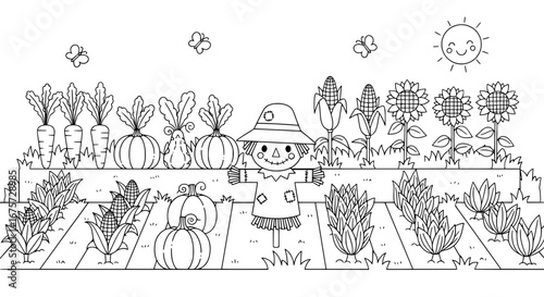Line art of vegetable garden with transparent background