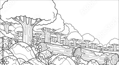 Silhouette of forest with trees and flowers with transparent background