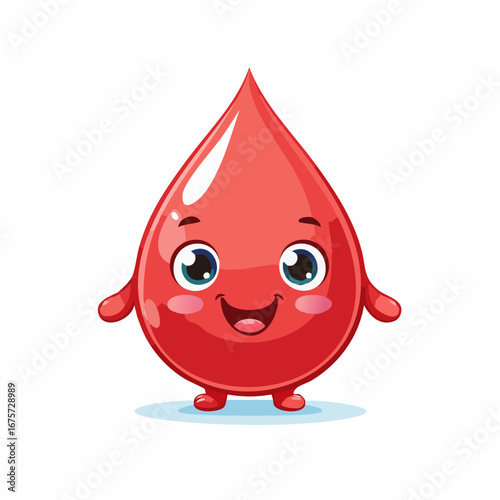 Adorable smiling red blood drop character illustration. A cute and friendly cartoon mascot for health awareness, medical topics, and blood donation drives