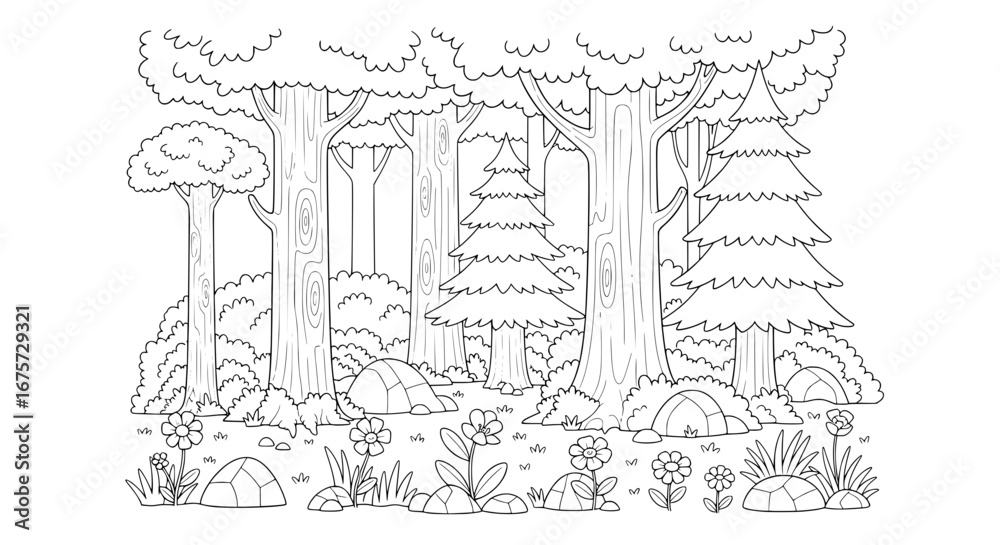 Fototapeta premium Forest scene with trees tents and flowers with transparent background