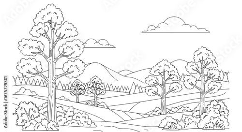 Landscape with trees and mountains with transparent background