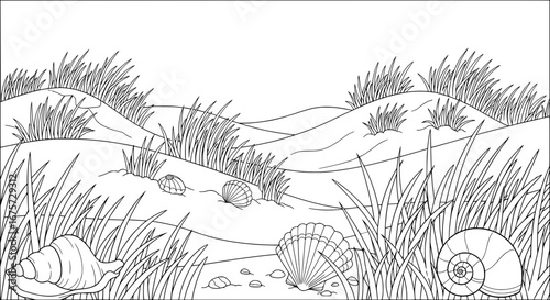 Seamless pattern of coastal landscape with seashells and grasses