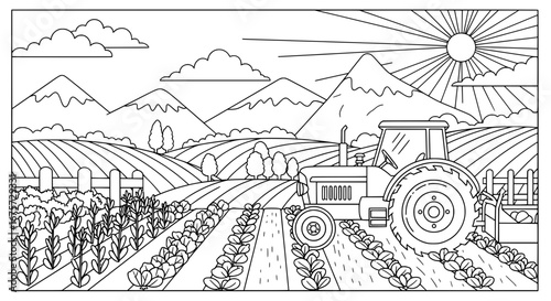 Farm landscape with tractor and mountain view with transparent background