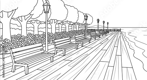 Seaside promenade with park benches and street lamps with transparent background