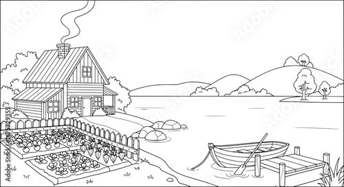 Rural lakeside cabin scene with transparent background