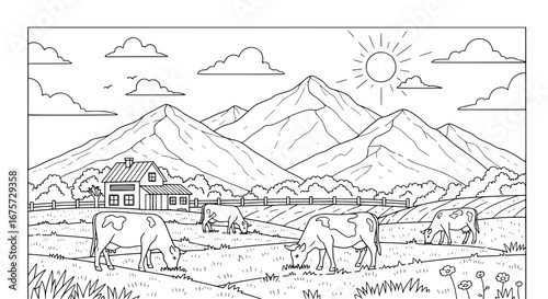Mountain landscape with cows and rural house with transparent background