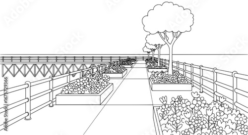 Park pathway with trees and flower beds with transparent background