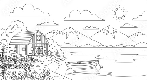 Scenic landscape with lake mountains and barn with transparent background