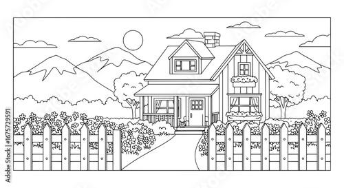 Line art of a house with trees and mountains with transparent background