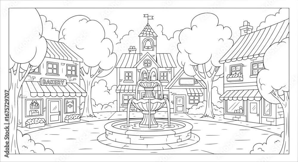 Obraz premium Town square with fountain and buildings with transparent background