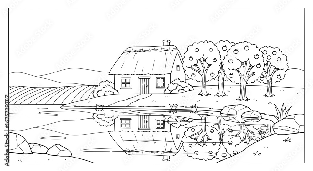 Fototapeta premium Scenic countryside landscape with house and trees with transparent background