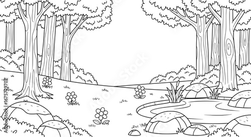 Nature scene with trees, stream, and flowers with transparent background
