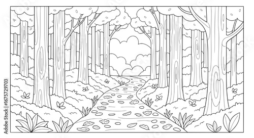 Tall trees and stream in a forest scene with transparent background
