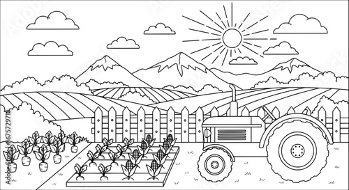 Farm landscape with mountains and tractor on transparent background