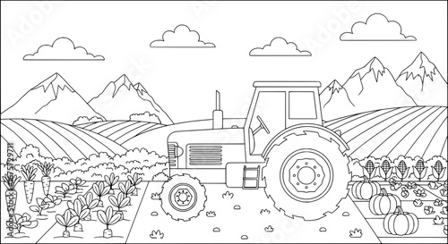 Farm tractor with fields and mountains with transparent background
