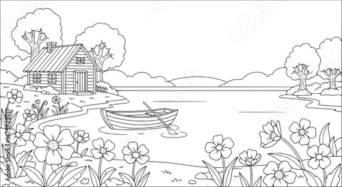 Landscape scene with house, trees, and boat with transparent background