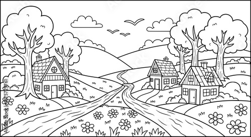 Scenic rural landscape with houses, trees, hills and sky with transparent background