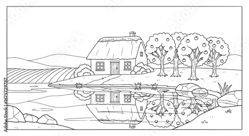 Scenic countryside landscape with house and trees with transparent background