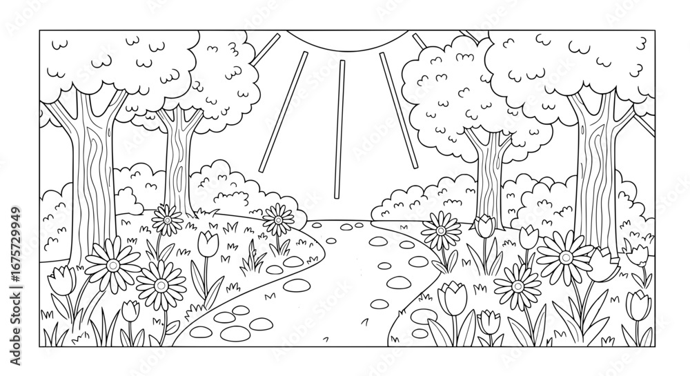 Obraz premium Scenic landscape with trees flowers and sunlight with transparent background