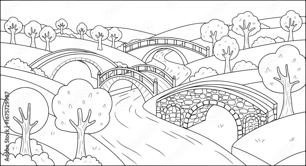 Fototapeta premium Scenic landscape with multiple arched bridges and trees with transparent background