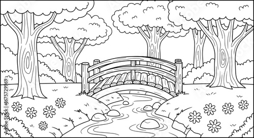 Scenic park with wooden bridge and trees with transparent background