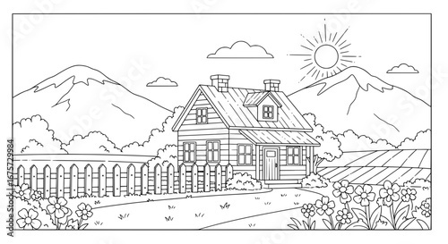 Mountain cabin with scenic landscape and transparent background