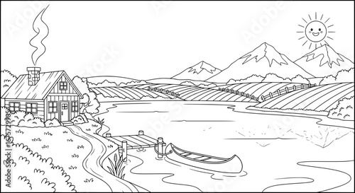 Landscape with mountains river house and boat with transparent background