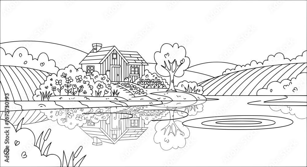 Fototapeta premium Countryside landscape with house trees and fields with transparent background