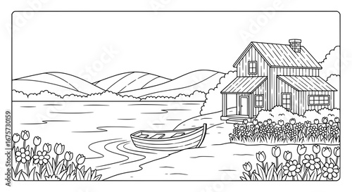 Lakeside cabin with boat and flowers with transparent background