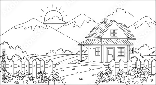 Scenic mountain landscape with house and flowers with transparent background