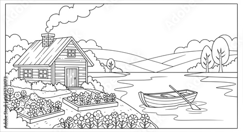 Line art of a lakeside cabin with trees and boat