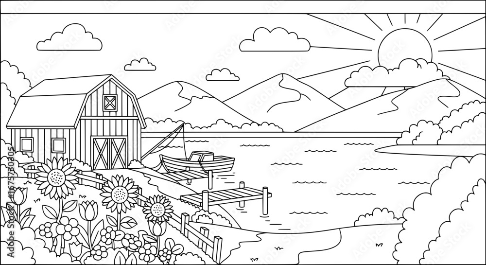 Obraz premium Scenic mountain landscape with lake and barn with transparent background