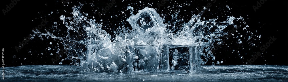 Obraz premium A dynamic splash of water surrounds ice cubes, creating an eye-catching visual on a dark background.